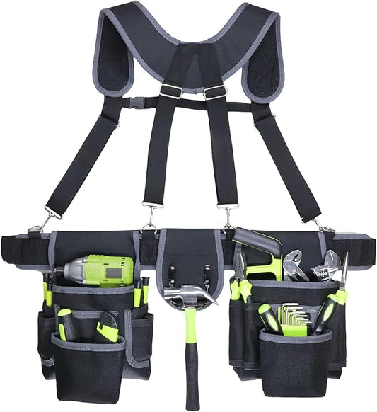 Tool Belt, Tool Belts for Men, 32 to 66 Inches Adjustable Waist, Electrician and Carpenter Tool Belt with Suspenders for Construction and Gardening, Black and Grey