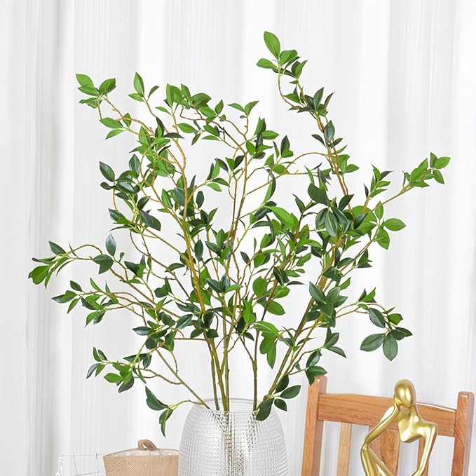 MeDecor 3Pcs Artificial Plants Greenery Stems, 43.3" Tall Faux Ficus Plant Spring Summer Twig Branches Fake Green Plants Stem for Vase Home Party Wedding Garden Office Decorations