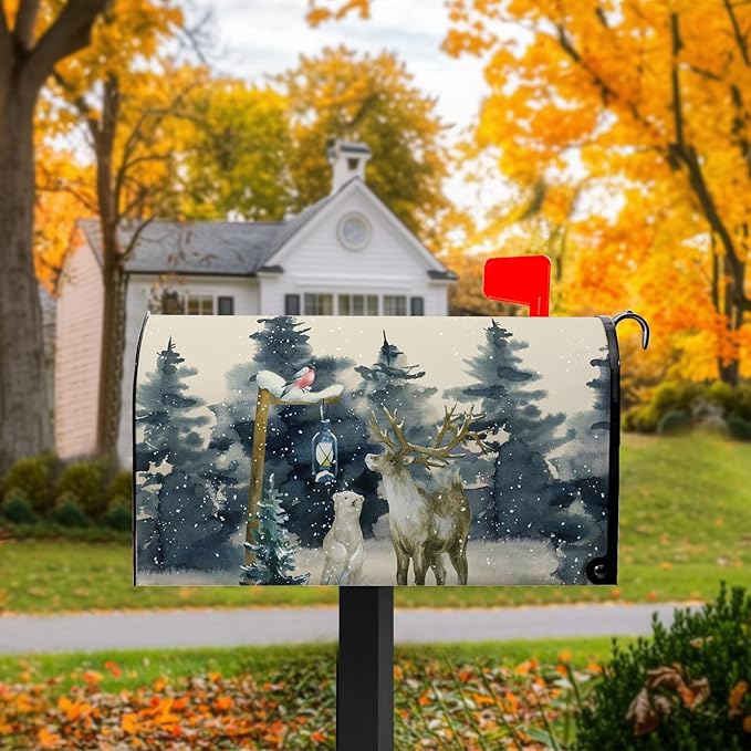 Winter Deer Mail Box Cover Bear Bird Mailbox Covers Magnetic Standard Size 21x18 inch Green Tree Mailbox Wraps Home Decor Outdoor Yard Decoration for Garden