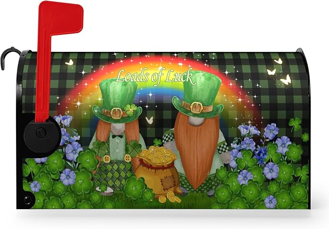 St. Patrick's Day Mailbox Cover Green Checkered Leprechauns Magnetic Mailbox Covers Gnomes Hat Shamrock Coin Clover Mailbox Wrap Rainbow Butterfly Loads of Luck Letter Post Box Cover