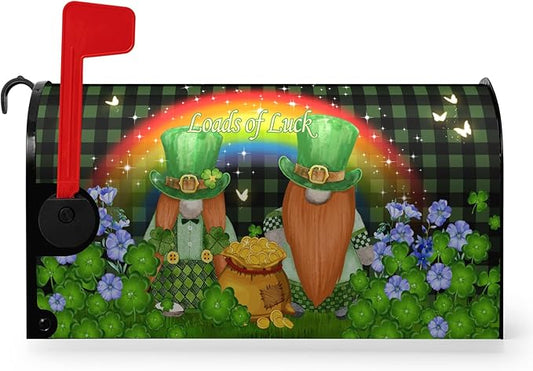 St. Patrick's Day Mailbox Cover Green Checkered Leprechauns Magnetic Mailbox Covers Gnomes Hat Shamrock Coin Clover Mailbox Wrap Rainbow Butterfly Loads of Luck Letter Post Box Cover