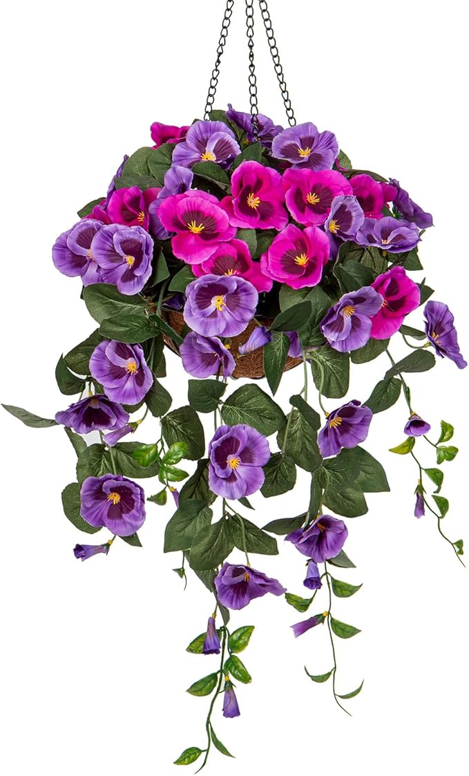 Briful Fake Flowers Hanging Basket, Pansy Artificial Flowers, Realistic Silk Spring Bloom Faux Flowers, 7 ⅞’’ Coconut Basket, for Home Farmhouse Balcony Outdoor Patio Garden Decor