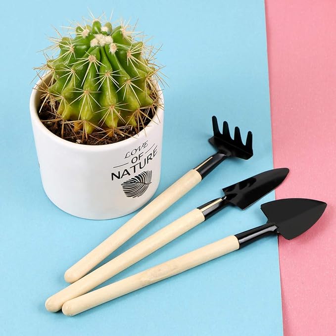 Mini Gardening Tool Set, Mini Toy Kit for Wood Handle Shovel Trowel Gardening Tools for Flowers Plants Succulent Tranplanting, 3 Pcs Set