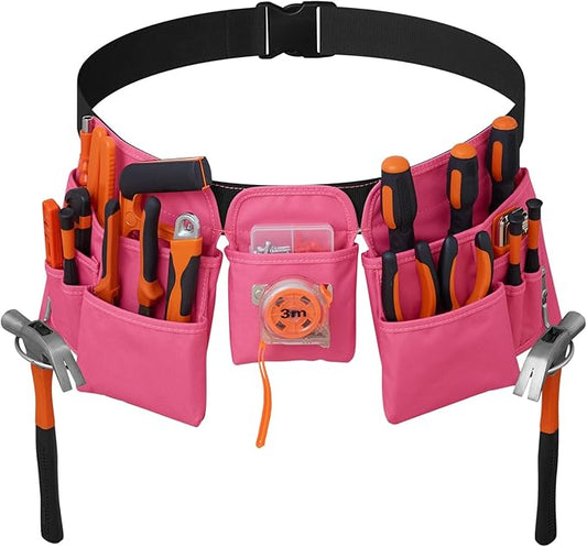 19 Pocket Tool Belts - Gardening Belt with Quick Release Buckle,Adjustable Utility Belt,Work Apron for Men and Women,for Gardening,Electrician,Carpenter,Construction Tool Belt,Gifts (Pink)