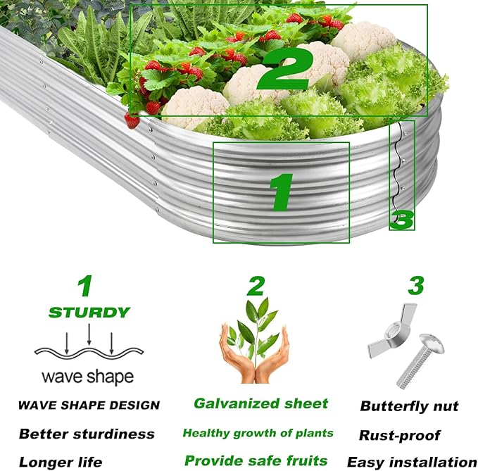Galvanized Raised Garden Bed Kit 8ft Galvanized Planter Garden Boxes Outdoor, Oval Large Metal for Vegetables