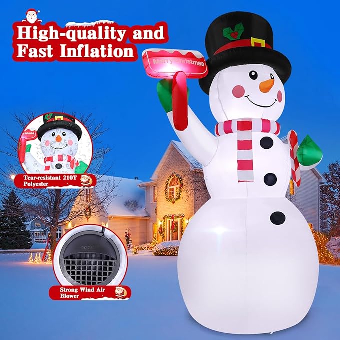 GOOSH 10.3 FT Christmas Inflatables Snowman Outdoor Decoration Blow Up Holds a Red Sign with Built-in LEDs for Garden Lawn Indoor Party Decor