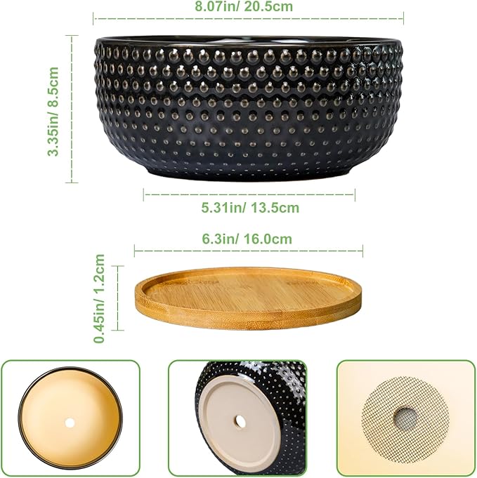 Bonsai Tree Pot - 8 Inch Ceramic Succulent Planters with Drainage and Plant Tray, Boho Round Shallow Bowl for Indoor Plants, Office Decor, Housewarming Gift, Black