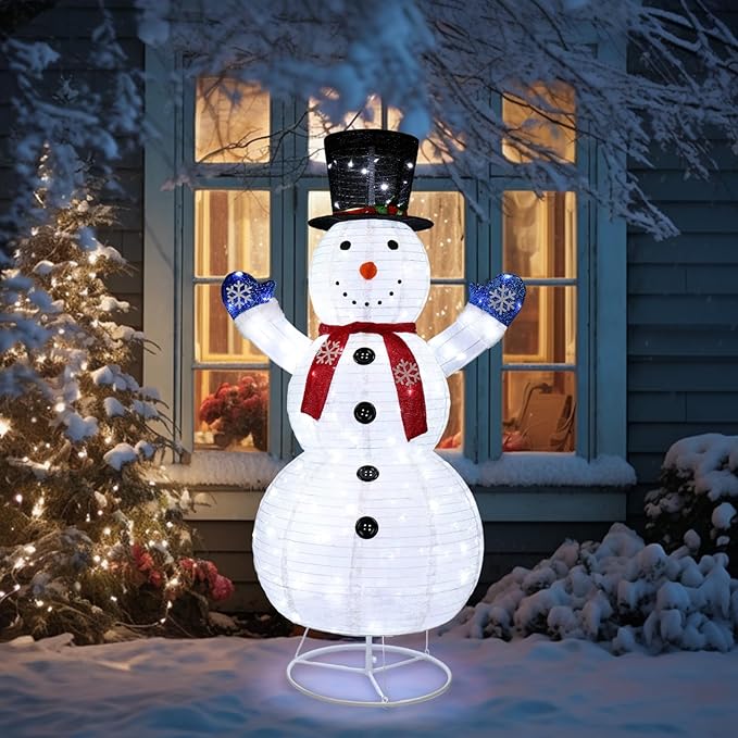 VINGLI 6FT Lighted Snowman Christmas Decorations Outside w/ 200 LED Lights, Pop-up Snowman Ornaments Outdoor with Ground Stakes for Party Holiday Indoor Decor