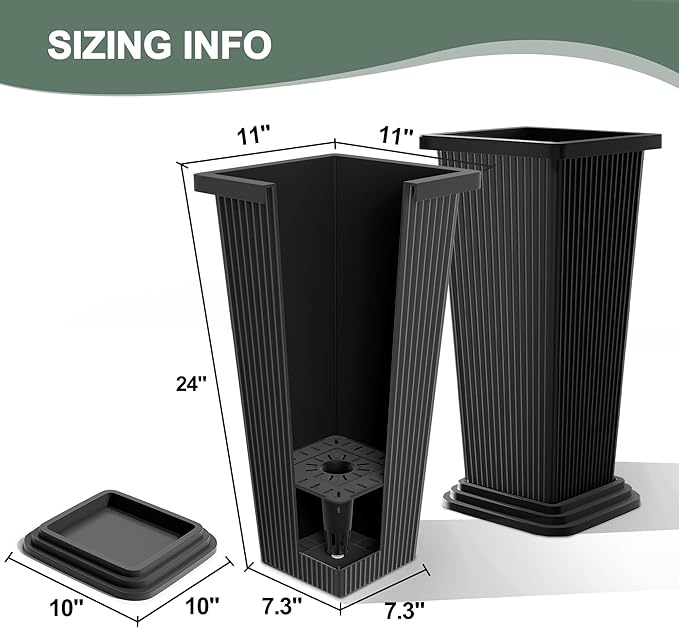 Tall Planters Set of 2, Large Indoor Outdoor Flower Pots with Tray Modern Tapered Planter for Patio, Garden, Porch, Backyard (Black Ribbed)