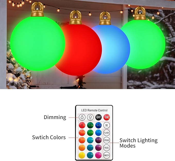 [Light up] Inflatable Ornaments Balls Outdoor 2Pcs: Flashes in Red | Green | Blue and Timer, 24 Inch Giant Christmas Inflatable Ornaments, Reusable PVC - Blow Up Ornament Balls for Yard, Porch, Party