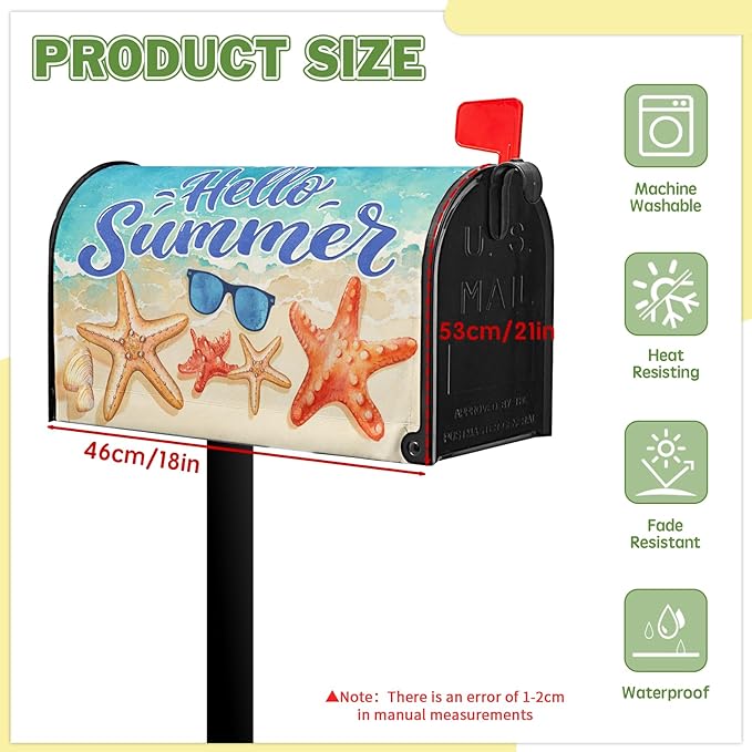 Hello Summer Mailbox Cover Beach Starfish Mail Box Covers Magnetic Standard Size Sunglasses Post Letter Box Cover Wrap 21x18 inch Mailbox Decorations for Outside Garden Yard
