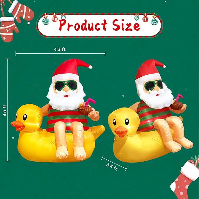 4.5FT Christmas Inflatable Outdoor Decoration Santa on Duck Inflatable Christmas Decoration Cute Blow Up Duck Santa Claus Inflatable with LED Lights for Yard Garden Lawn Xtmas Party Decor
