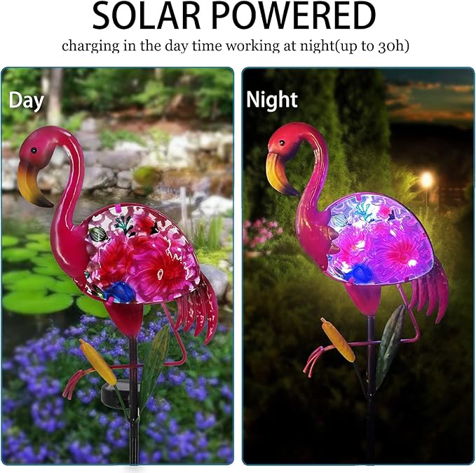 Solar Flamingo Garden Decor - Solar Pathway Lights & Stakes, Glass & Metal, Waterproof for Patio, Lawn, Courtyard