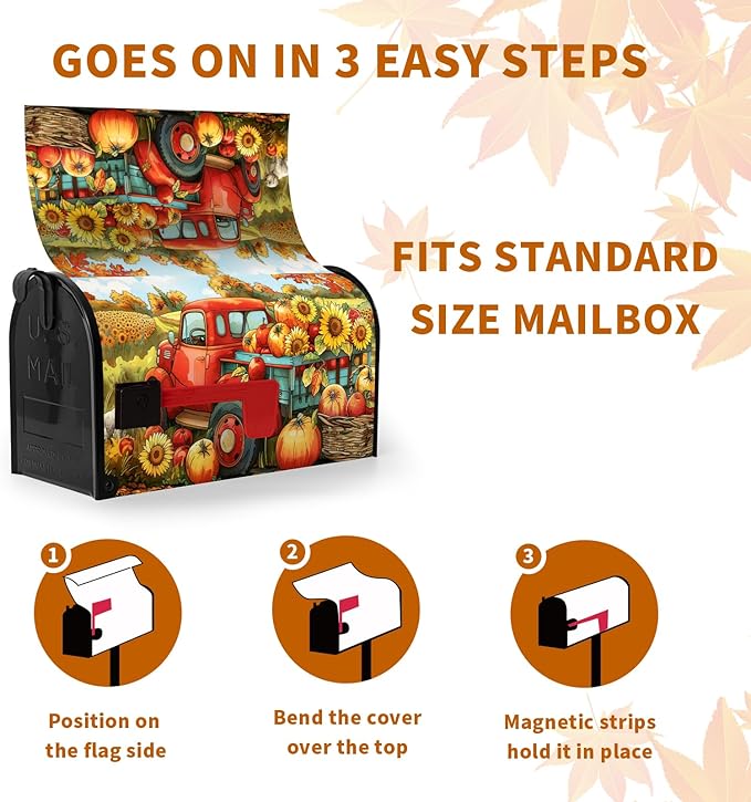 Fall Autumn Pumpkins Mailbox Covers Magnetic Large Size 25.5 X 21 Inch Autumn Harvest Yellow Sunflower Mailbox Wraps Cover Red Truck Thanksgiving Letterbox Cover for Garden Yard Outdoor Decor