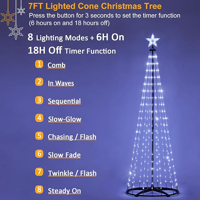 Christmas Outdoor Lighted Trees 7FT Prelit Christmas Cone Tree with 310 LEDs 8 Lighting Modes and Timer for Indoor Outdoor Xmas Porch Lawn
