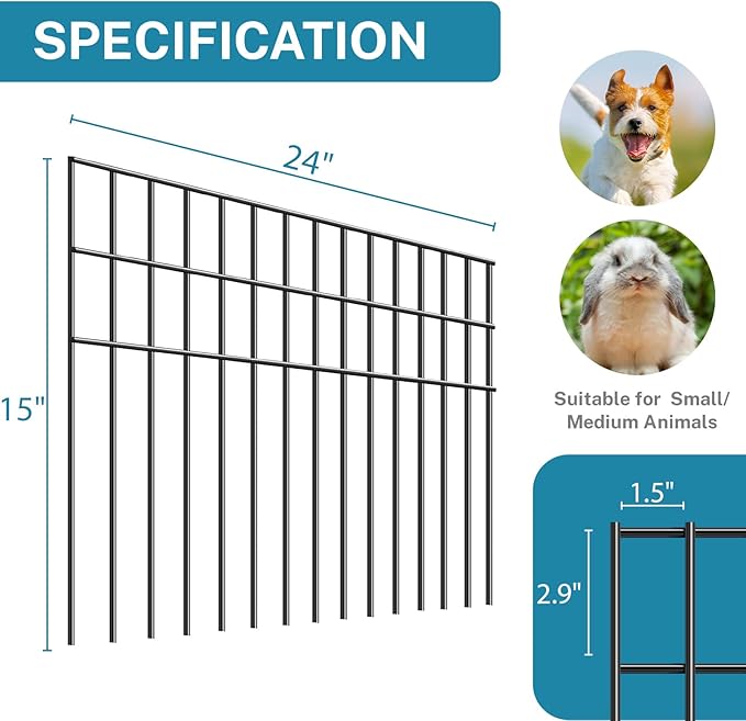 15 Pack 24in(L) X 15in(H) Small/Medium Animal Barrier Fence, 5.5mm Rod with 1.5" Rod Gap, Dog Rabbits Fences Black Metal Fence Panel Ground Stakes for Outdoor Patio. Total 30Ft(L)