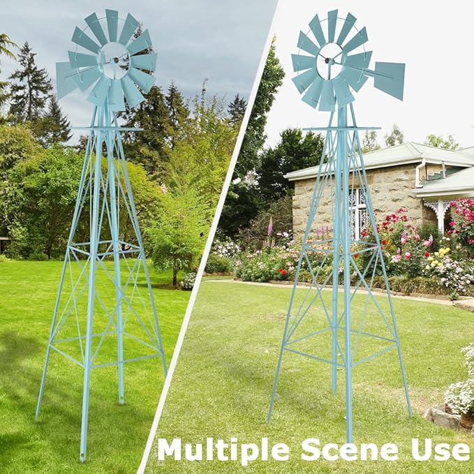 8FT Windmill for Yard Garden Decoration with Weather Vanes，Heavy Duty Outdoor Wind Mills, Large Metal Outdoor Windmill,Weather Resistant,Blue