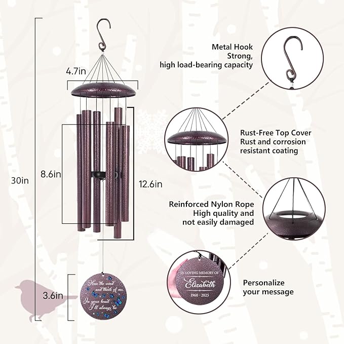 ASTARIN Memorial Butterfly Deep Tone Wind Chimes Personalized, (Printing in USA) Sympathy Remembrance Gifts for Loss of Mom Dad, Bereavement Gifts for Condolence Funeral, Garden Decoration