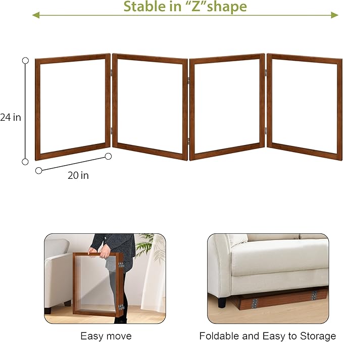 LZRS Extra-Wide Clear Dog Gate for Indoor Use - Transparent Pet Fence with Solid Hardwood and Plastic Board, Stylish & Durable freestanding Pet Gate for Doorways, Stairs and Hallways-4 Panel Cherry