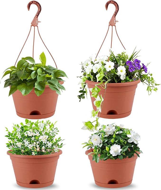 4 Pack Hanging Planters, 10 Inch Plant Pots with Hanger Chain & Drainage Trays, Hanging Baskets for Plants Outdoor Indoor, Flowers Pots for Home, Garden, Porch Decor (Brick Red)