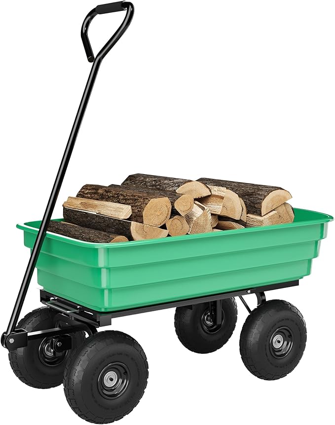 Garden Dump Cart, 4 Cu.Ft. 600Lbs Garden Cart, Heavy-Duty 4 Wheel Wheelbarrow Yard Cart with 10-Inch All-Terrain Wheels, Features A Quick-Release Tipping Function, for Courtyards, Farm, Gardening