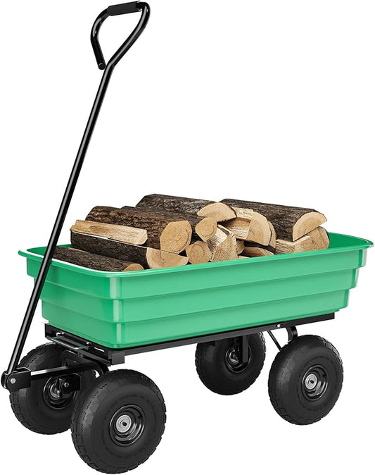 Garden Dump Cart, 4 Cu.Ft. 600Lbs Garden Cart, Heavy-Duty 4 Wheel Wheelbarrow Yard Cart with 10-Inch All-Terrain Wheels, Features A Quick-Release Tipping Function, for Courtyards, Farm, Gardening