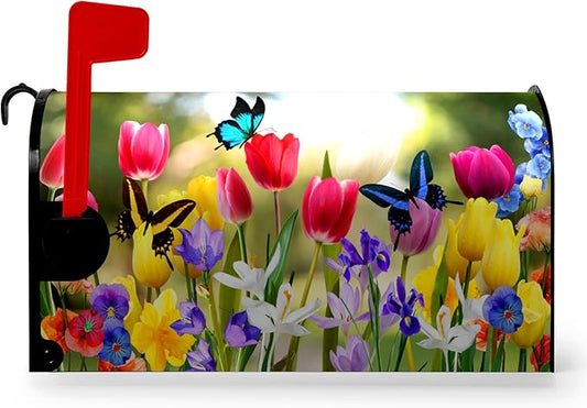 Spring Mailbox Covers Magnetic Tulip Flowers Mailbox Wraps Standard Size 18" X 21" Hello Summer Butterfly Floral Resistant Post Letter Box Cover for Garden Yard Home Outdoor Decoration