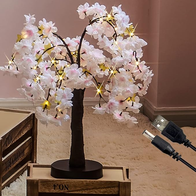 Fudios Lighted Bonsai Tree with Cherry Blossom Branches 40 LED 18IN Japanese Room Decor,Flower Tree with Lights Battery USB Plug for Wedding Party Summer Mantle Decoration