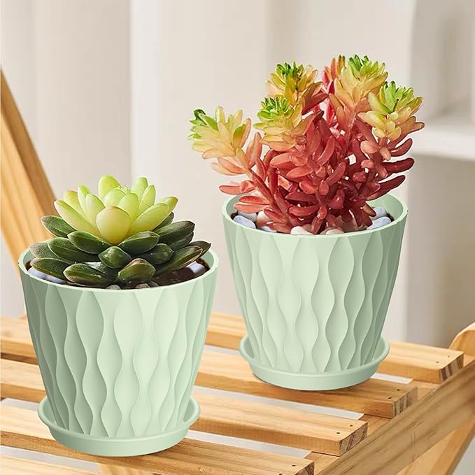 4 Inch Small Pots for Plants, 6 Pack Waffle Texture Small Plant Pots for Succulents, Plastic Planter with Drainage Holes and Saucers for Indoor Outdoor Plants, Flowers, Herbs, Seedlings, Green