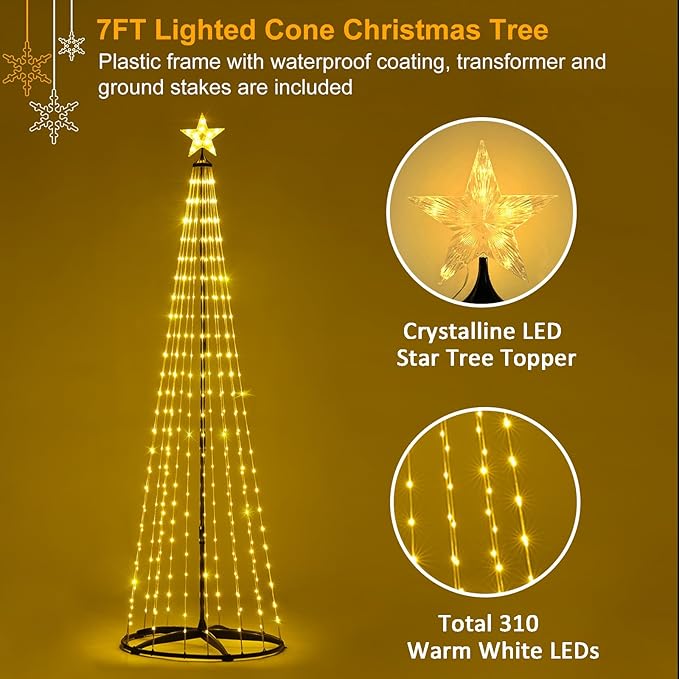 SUNNYPARK Christmas Outdoor Lighted Trees 7FT Prelit Christmas Cone Tree with 310 LEDs 8 Lighting Modes and Timer for Indoor Outdoor Xmas Porch Lawn