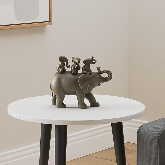 Nature's Mark 8" H 3 Baby Elephants Riding an Elephant Resin Statue Figurine Home Decorative Accent Decor (Gray)