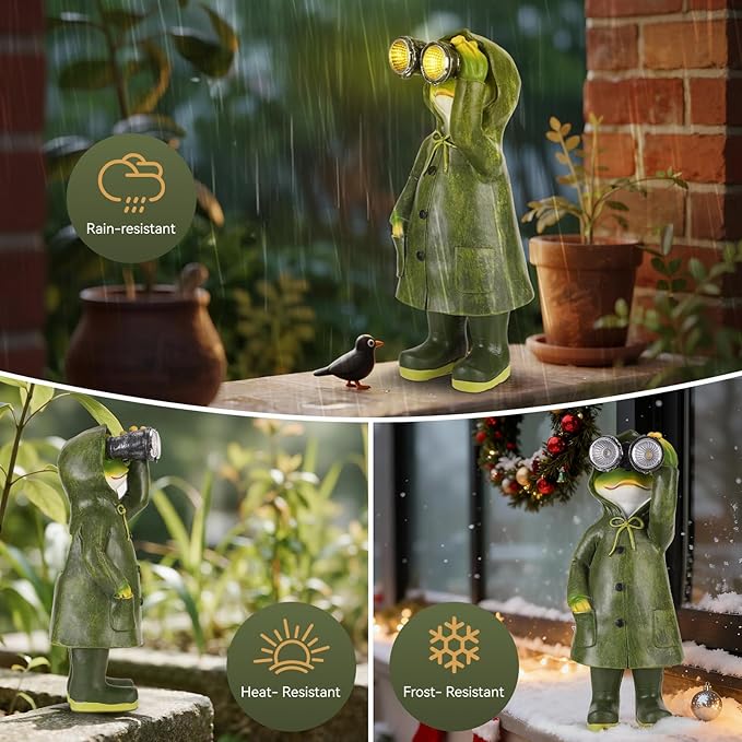 Solar Garden Statues Decor Frog with LED Lights and Telescope, Outdoor Garden Statues, Frog Statue for Patio, Balcony, Housewarming, Yard Ornaments Gifts for Women