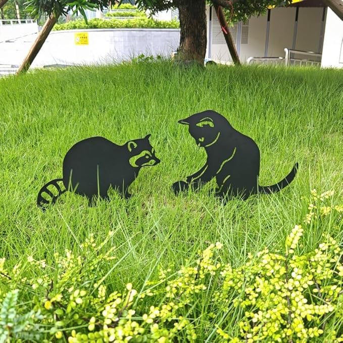 2 Pack Black Cat & Raccoon Garden Stakes, Metal Yard Art for Outside, Decorative Silhouette Statues for Garden, Lawn, Patio, Cute Outdoor Animal Ornaments (Cats and Raccoons)