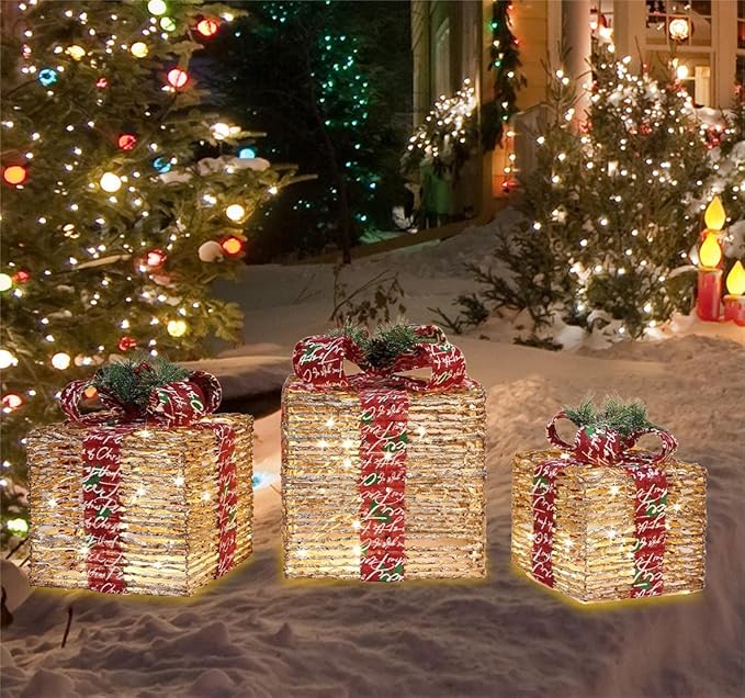 [Ultra-Large 15.5"x13.5"x11"] Christmas Set of 3 Lighted Rattan Gift Boxes Decorations Pre-lit 91 Super-Bright LED with Flashers,for Indoor Outdoor Pathway Holiday Party Home(Warm White)
