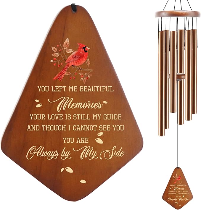 Memorial Sympathy Wind Chimes for Loss of Loved One 32'', Cardinal Wind Chimes in Memory of a Loved One, Cardinal Memorial Gifts, Bereavement Condolence Remembrance Gifts,Wooden,Brown