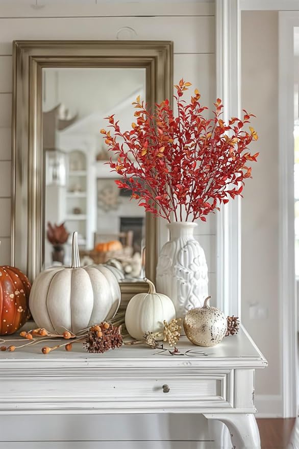 Artificial Burgundy Eucalyptus Stems 26.7" Fall Fake Leaf Branches for Floral Arrangements, Red Faux Autumn Plant Farmhouse Decor, Home Wedding Decorations