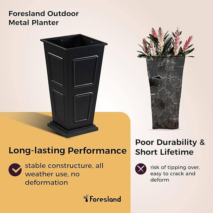 23" Tall Metallic Planter for Outdoor Plants Set of 2, Tapered Steel Flower Pot with Removable Middle Partition Drainage Holes, Large Metal Planters for Front Porch, Garden, Patio, Balcony, Black