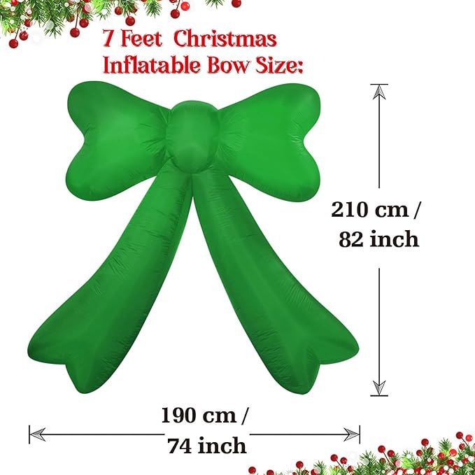 Christmas Inflatables Lighted Yard Lawn Inflatable Decoration with Built-in Fan and Stakes Ropes Holiday Party Decor, Christmas Decor (7FT-Green Bow)