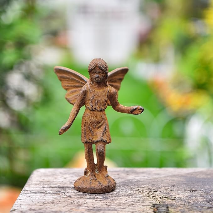 Sungmor Cast Iron Garden Angel Statue, Set of 2 Rustic Brown Fairy Figurines, Creative Angel Pixie Collection Home Office Desk Decor, Indoor Outdoor Fairy Garden Accent Ornament