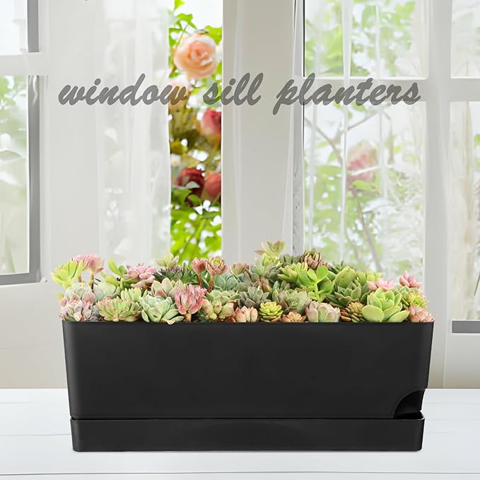 Self Watering Pots for Indoor Plants 17 Inches Window Boxes Planters Rectangular Flower Pots Rectangle Herb Pots Large Plant Pots with Drainage Holes and Saucers Windowsill Planter (4, Black)