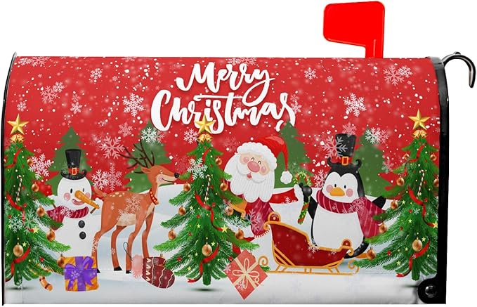 Merry Christmas Mailbox Cover, Magnetic Standard Size 21x18 Inch, Xmas Trees Santa Claus Snowman Reindeer Penguin Mailbox Wrap Post Cover for Garden Yard Outdoor Home New Year Decor