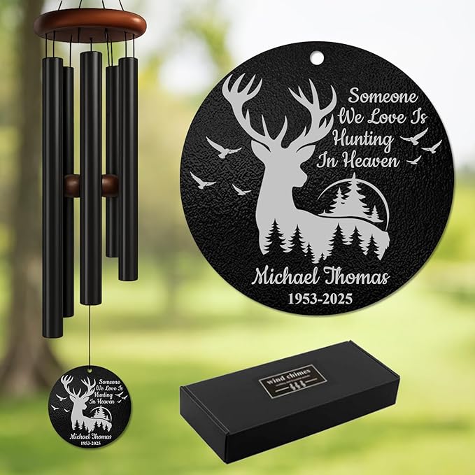 Personalized Hunter Memorial Wind Chime – “Someone We Love is Hunting in Heaven” Custom Name & Years – Deer Silhouette Outdoor Sympathy Gift – Memorial Wind Chimes for Loss of Loved One