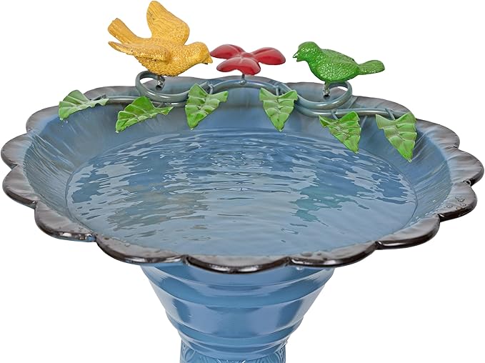Alpine Corporation ORS112BL Vintage Metal Pedestal Birdbath with Stand, Shallow Bird Bath Bowl for Outside, 28" H, Blue
