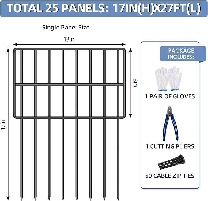 25 Pack Garden Animal Barrier Fence, 17in(H) x27ft(L) No Dig Decorative Fences, 1.5in Spike Spacing Rustproof Metal Garden Fence Border for Dogs Rabbits, Bottom Blocker for Outdoor Yard Patio