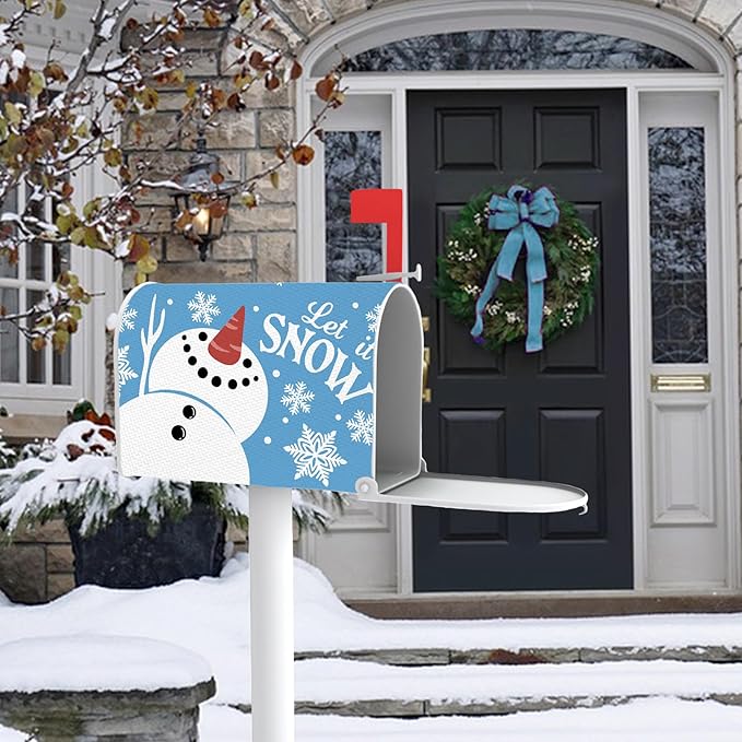 Winter Snowman Blue Mailbox Cover Magnetic Standard Size 20.5" x 18", Let It Snow Snowflake Decorative Post Letter Box Wrap Decor, Christmas Seasonal Garden Yard Outdoor Decoration