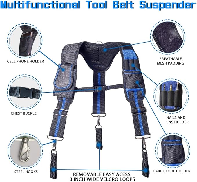 AISENIN Tool Belt Suspenders Construction Work Suspenders with Magnet Pocket, Large Moveable Phone Holder, Pencil Holder