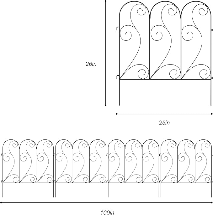 Zhongma Decorative Metal Garden Fence,Pack of 4pcs, Total 26" H x 100" L