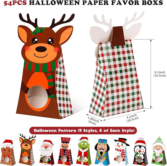Giiffu 54-Pack Christmas Treat Boxes with Clear Window, 9 Assorted Holiday Designs Small Candy & Goodie Boxes for Classroom Gifts, Party Favors & Holiday Treat Wrapping (7.5 x 4 x 2 Inches)