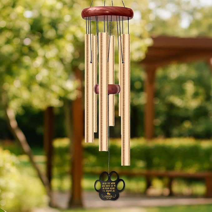 Personalized Pet Memorial Wind Chime – “Hear The Wind and Think of Me” Paw Print Design – Custom Dog or Cat Name & Years – Sympathy Gift for Pet Loss – Outdoor Garden Remembrance Windchime