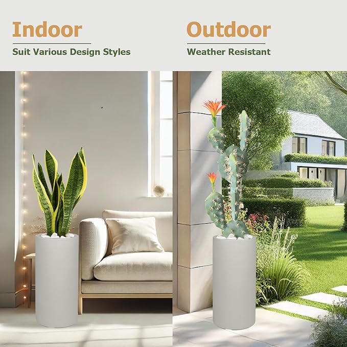 19.5"H x 9.8"D Tubo Fiberstone Cylinder Tall Planter, Christmas Tree Planter, Smooth Finish, Weather Resistant for Indoor & Outdoor Use, 2 Extra Coco Mats (Light Frech Gray,8.2" Pot Opening)